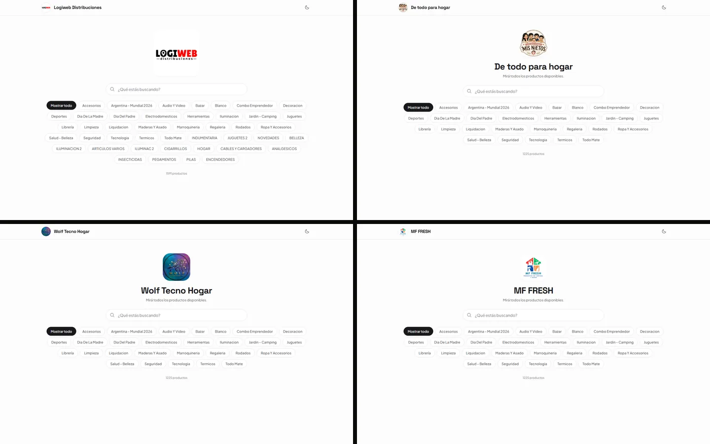 Cuatro catálogos de revendedores reales con su logo, nombre y surtido