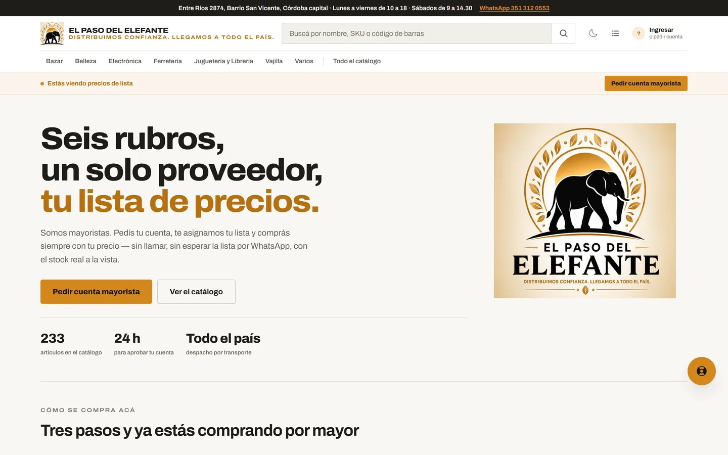 El Paso del Elefante wholesale store with the list price notice and the wholesale account request