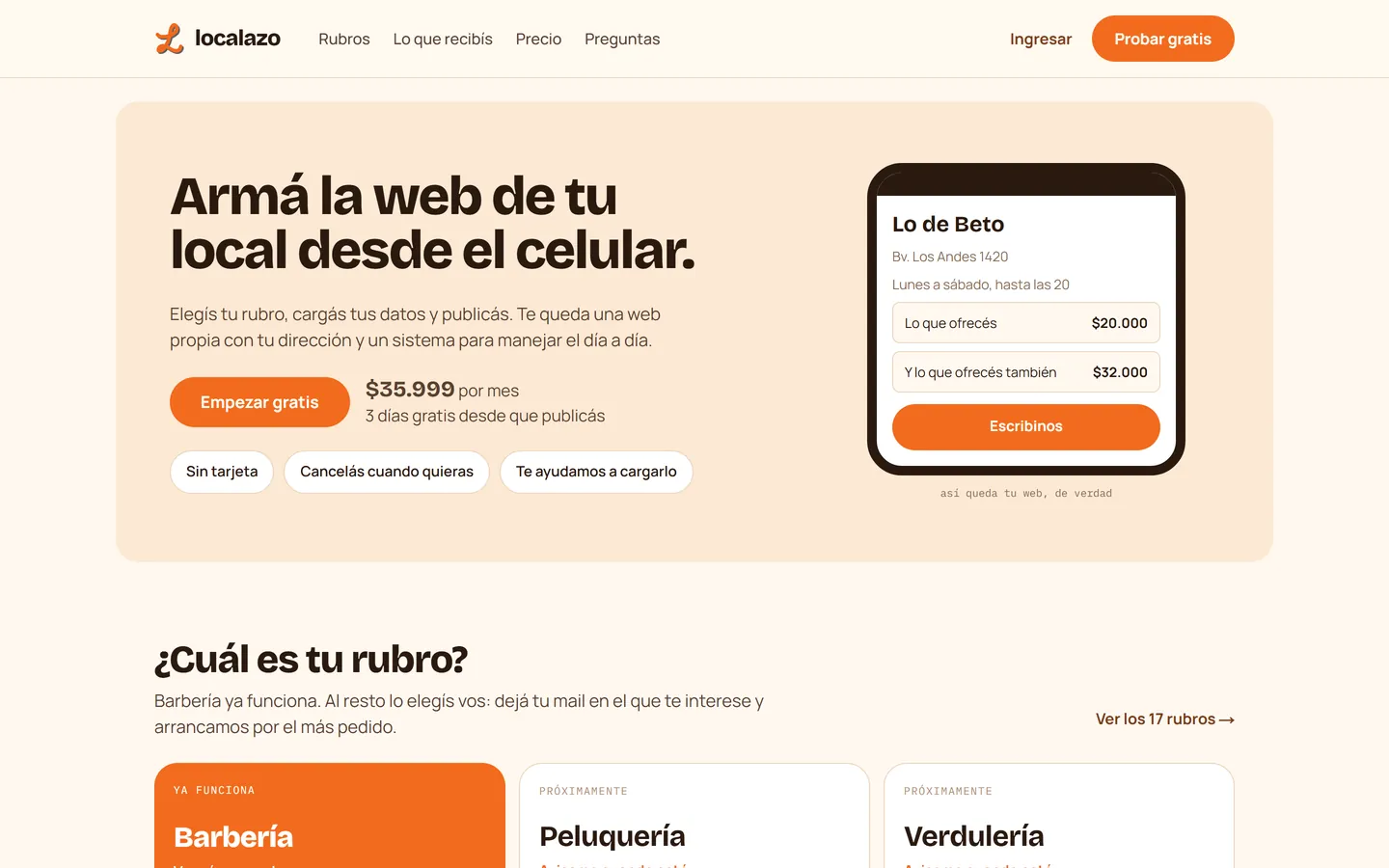 Inicio de Localazo con el titular, el precio y una muestra de cómo queda la web de un local
