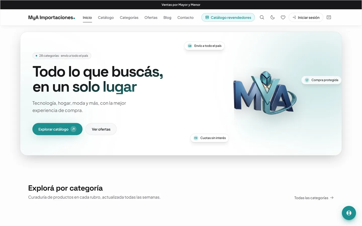 Inicio de la tienda online de MyA Importaciones, con el acceso al catálogo de revendedores y la búsqueda por categoría